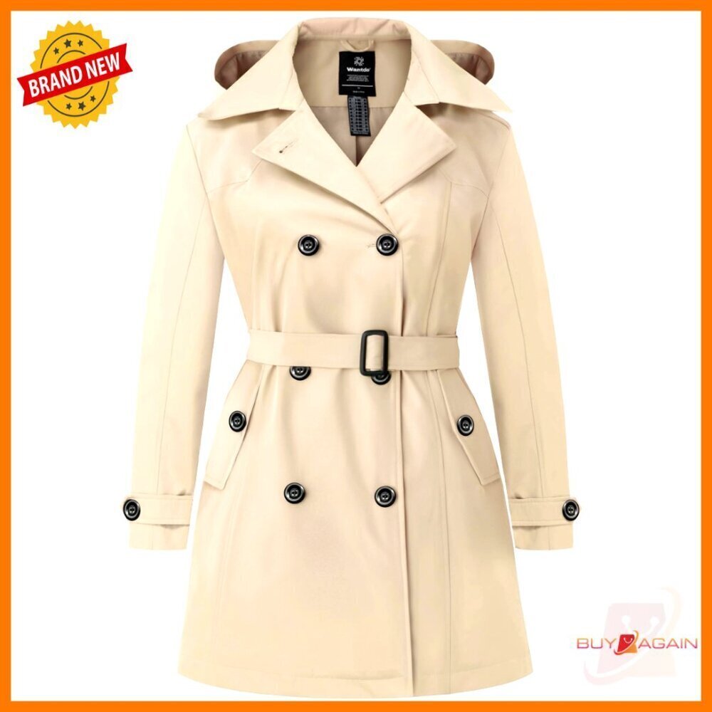 Plus Size Trench Coat Double-Breasted Waterproof Pea Coat Detachable Hood Chic